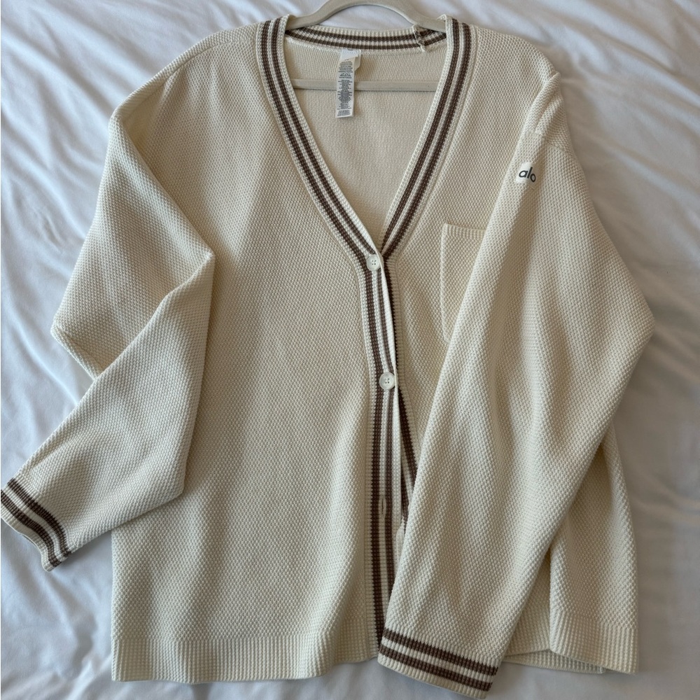 ALO Yoga Cream Knit Cardigan with Taupe Trim - Picture 7 of 8